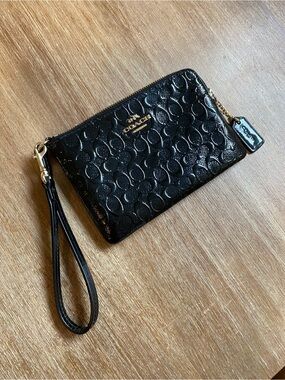 Coach Black Embossed Wristlet with Gold Hardware